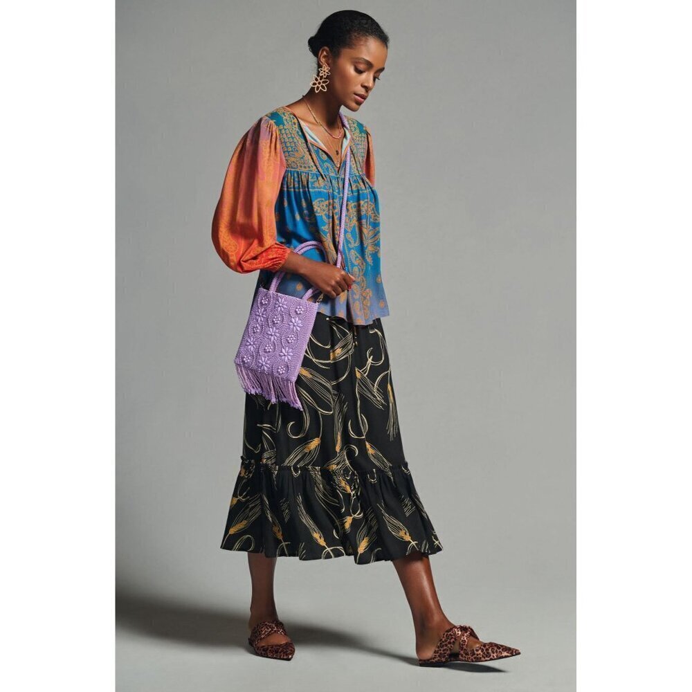 Anthropologie Farm Rio Puff-Sleeve Blouse Beaded Tassels Size M NWT - Picture 2 of 8